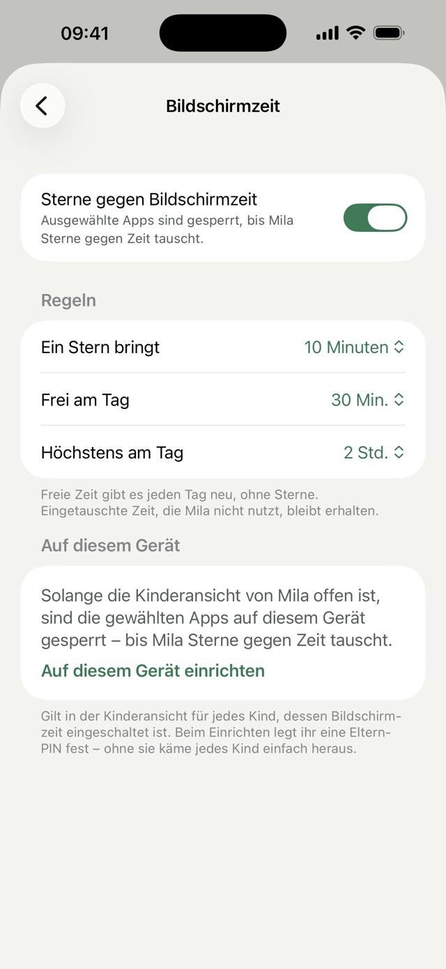 Settings for Mila: stars for screen time is on, one star is worth 10 minutes, 30 minutes a day are free, 2 hours at most