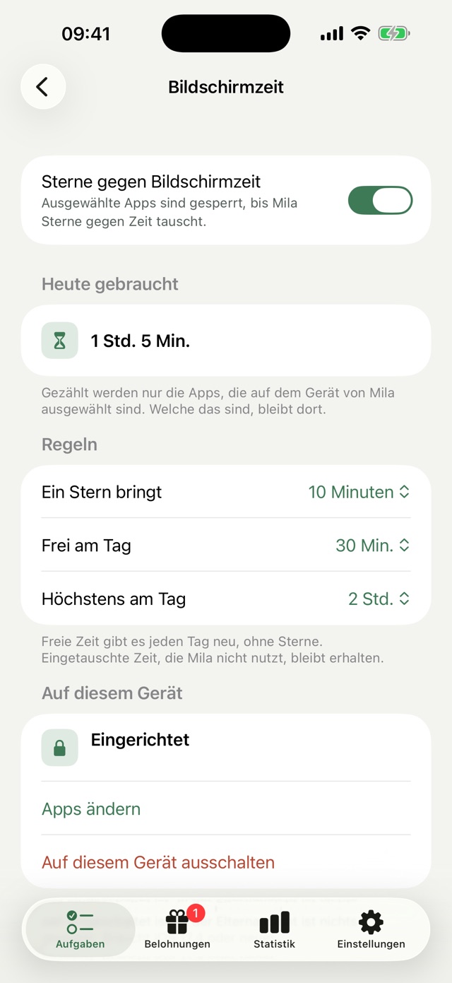Einstellungen für Mila: Sterne gegen Bildschirmzeit ist eingeschaltet, heute gebraucht 1 Std. 5 Min., ein Stern bringt 10 Minuten, 30 Minuten sind am Tag frei, höchstens 2 Stunden