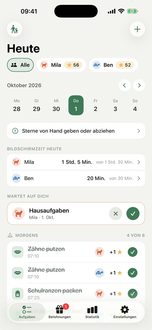Elternansicht: die heute gebrauchte Bildschirmzeit je Kind und der Tagesplan für Mila und Ben
