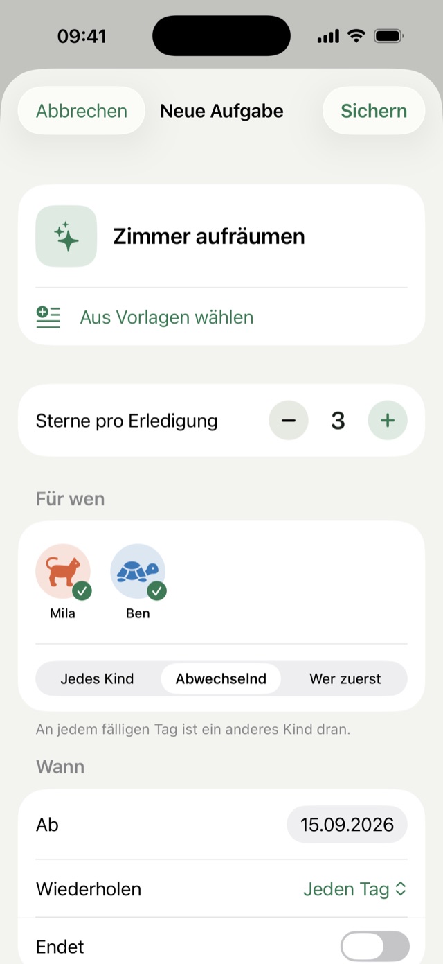 Neue Aufgabe „Zimmer aufräumen“ für Mila und Ben, eingestellt auf Abwechselnd