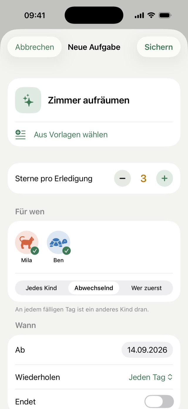 Neue Aufgabe „Zimmer aufräumen“ für Mila und Ben, eingestellt auf Abwechselnd