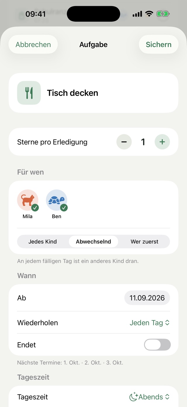 Die Aufgabe „Tisch decken“ für Mila und Ben, eingestellt auf Abwechselnd