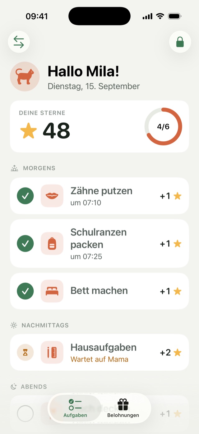 Kinderansicht: Mila hat 44 Sterne und heute schon 4 von 6 Aufgaben erledigt