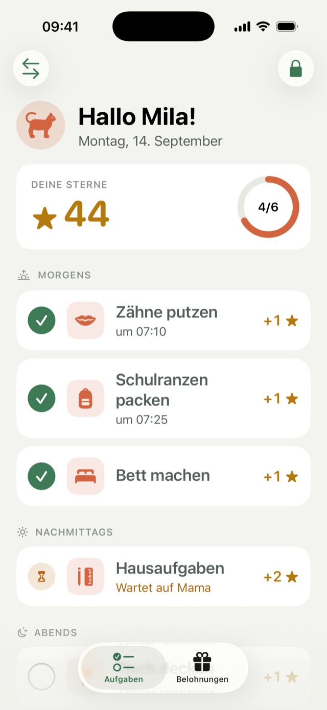 Kinderansicht mit Sternestand, Fortschrittsring und den Aufgaben des Tages