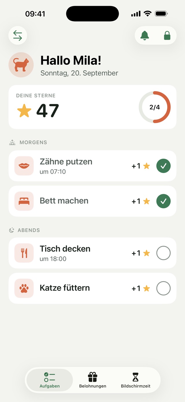 Children's view with the star count, a progress ring and the day's tasks
