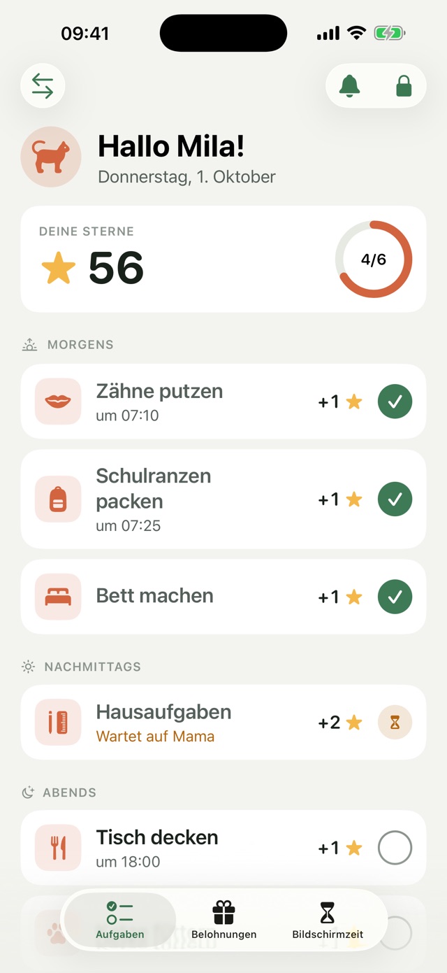 Kinderansicht mit Sternestand, Fortschrittsring und den Aufgaben des Tages
