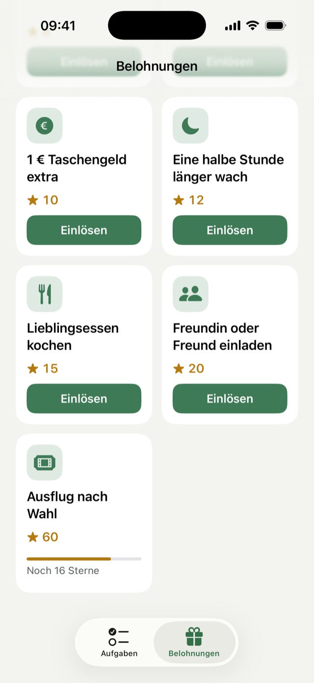 Belohnungen in der Kinderansicht: Ausflug nach Wahl für 60 Sterne, noch 16 Sterne bis zum Ziel