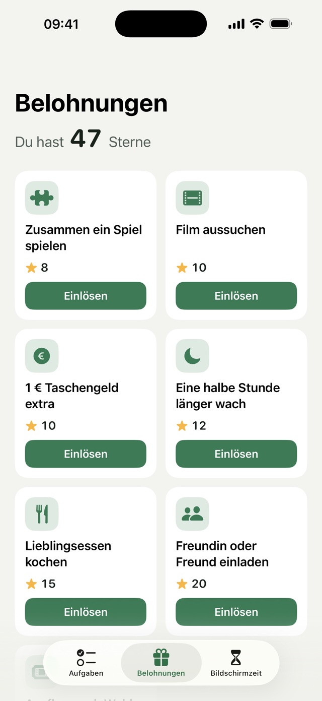 Rewards in the children's view: play a game together for 8 stars, pick a film for 10 – Mila has 47