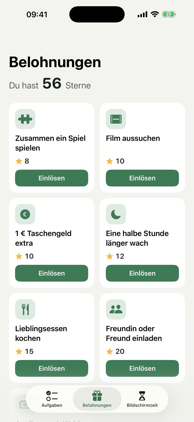 Belohnungen in der Kinderansicht: Zusammen ein Spiel spielen für 8 Sterne, Film aussuchen für 10 – Mila hat 56